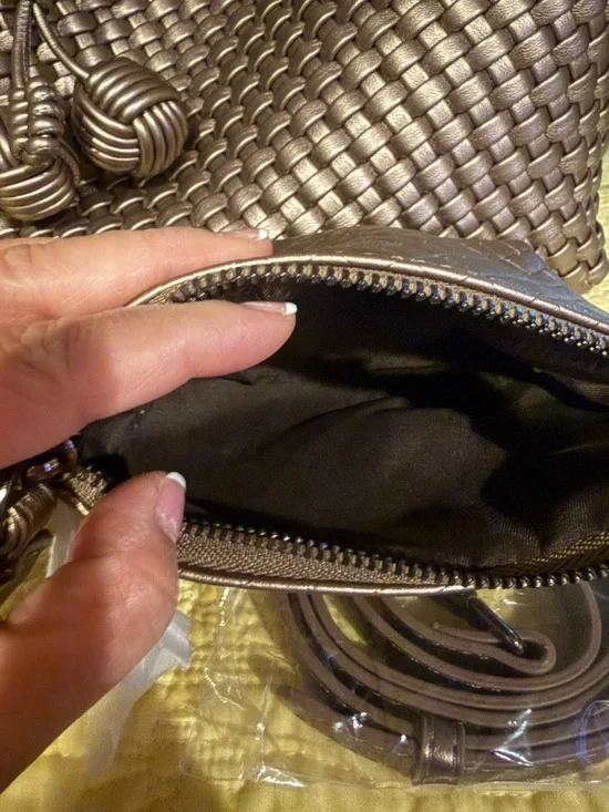 Bronze color  Woven Leather Shoulder & Hand Bag w/ Pouch Wallet Set - Picture 5 of 7